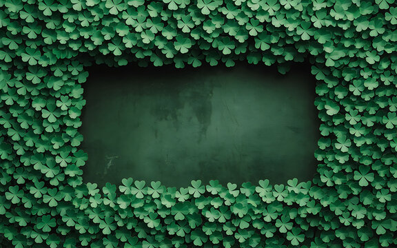 Green shamrock clover leaves frame border with dark chalkboard center shamrock background