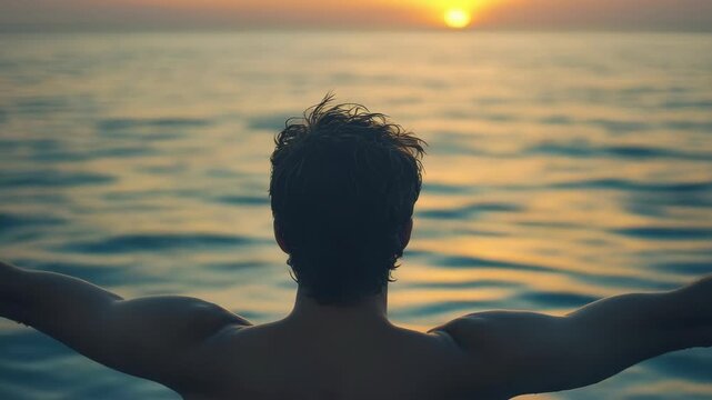 A man stands on a boat, arms outstretched towards the horizon as he enjoys the breathtaking view of a sunset over the ocean. His silhouette is framed against the warm hues of the setting sun.