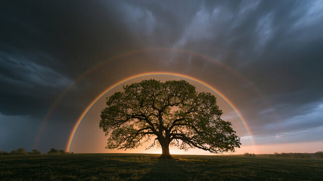 A majestic oak tree stands prominently in an open field framed by a vibrant double rainbow against a stormy sky at sunset. This breathtaking nature scene inspires hope and.