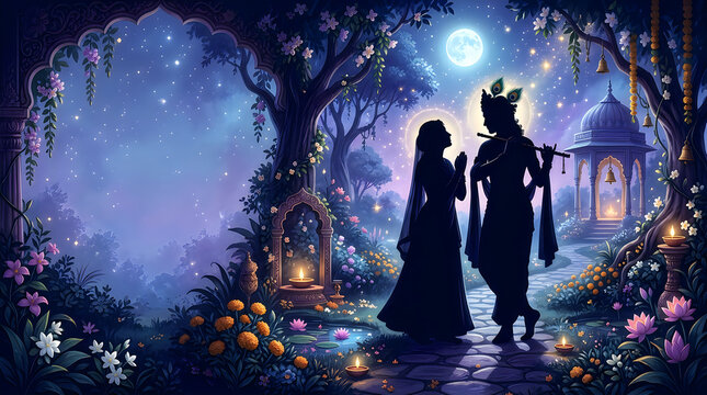 Radha and Krishna standing together in a moonlit forest scene