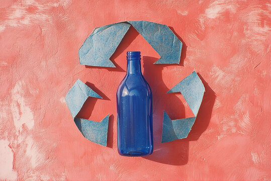 Blue glass bottle surrounded by recycling arrows on coral background