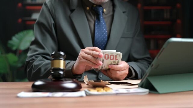 Lawyer reviewing paper money stack, experienced lawyer corruption crime investigation dossier, senior corporate lawyer financial audit dispute case, legal bribe settlement money transaction inside.