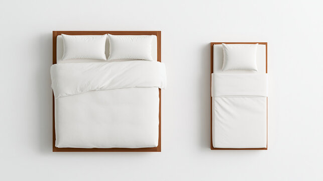 Top view of double and single wooden beds isolated on white background. Perfect for furniture catalogs and interior design mockups.