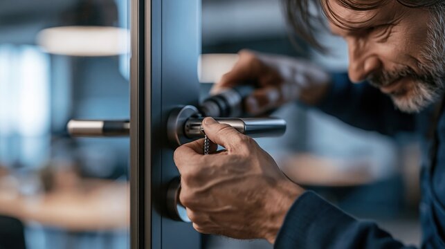 Skilled locksmith meticulously installing or repairing a modern door handle and lock mechanism in an office environment