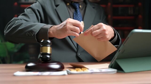 Lawyer tearing envelope open desk, lawyer checking legal document paper, lawyer holding paper envelope near judge gavel, cash money stack, tablet screen corporate office room work area. corruption