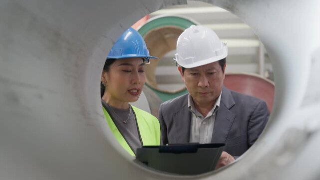 Asian senior business man owner with woman warehouse worker looking data inventory report metal sheet material in storage at manufacturing factory