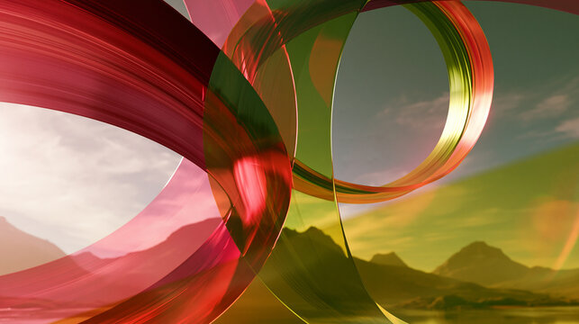 Abstract red and green glass ribbons swirling over a mountain landscape. Ideal for futuristic technology and energy concepts.