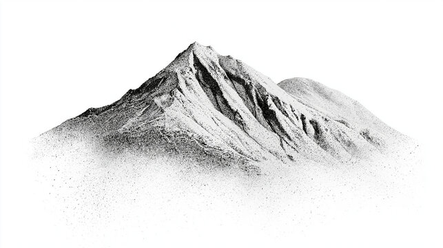 Black and white stipple illustration of a mountain peak isolated on white background. Minimalist graphic for outdoor design projects.