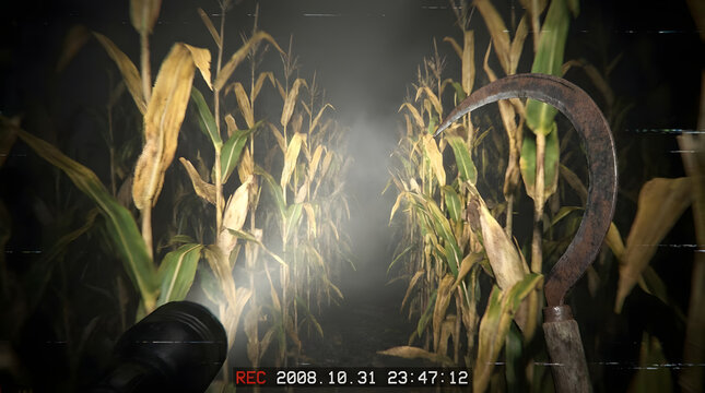 POV flashlight illuminating sickle in spooky cornfield