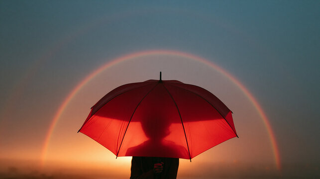A silhouette of a person holding a vibrant red umbrella beneath a glowing rainbow at dusk. This hopeful conceptual image is perfect for travel and emotional themes.