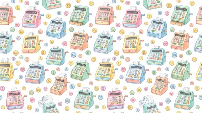Seamless Watercolor Pattern with Toy Cash Registers and Coins
