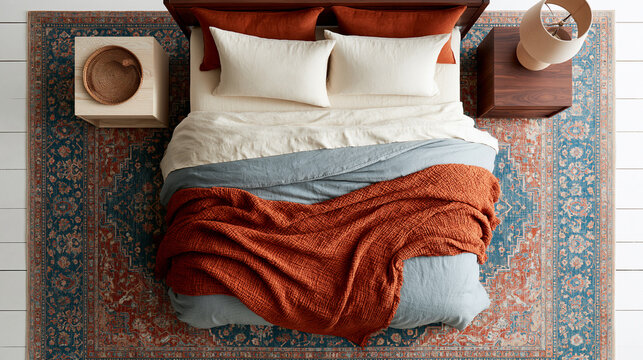 Overhead view of a cozy styled bed with warm orange and blue bedding on a vintage rug. Perfect for interior design inspiration.