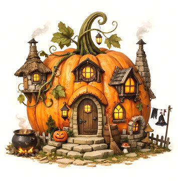 Halloween theme mystic pumpkin cottage in fairy tale style