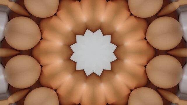 Smooth brown egg shell kaleidoscope motion video forming symmetrical flower star geometric pattern abstract background for digital media design
