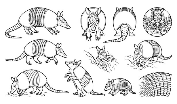 Nine armadillo illustrations in various poses and detailed shell closeups