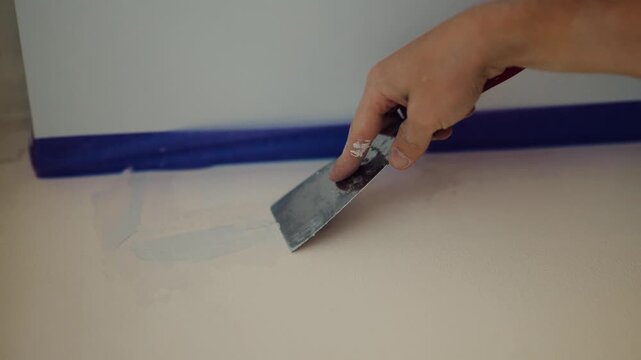 Close up of hand applying plaster paste on wall with spatula during repair work. Home renovation, drywall patching, interior repair and improvement process concept