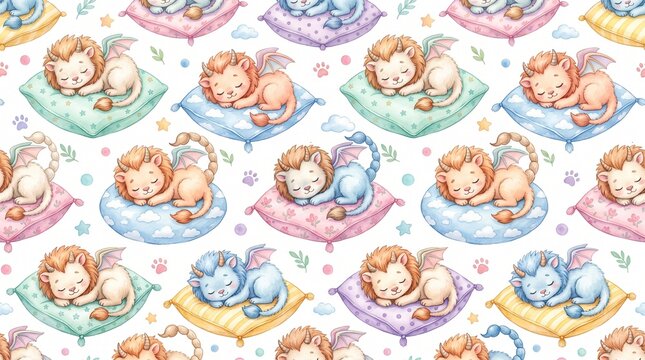 Cute Watercolor Baby Manticore Sleeping on Pillows Seamless Pattern