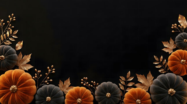 A spooky and delightful halloween scene featuring pumpkins leaves and a dark mysterious background