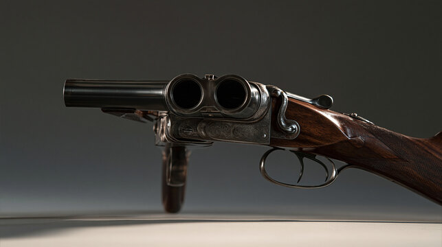 Close-up of an antique double-barreled shotgun with ornate details. Vintage weapon concept for history.