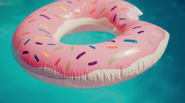 Pink inflatable donut pool float floating in clear blue swimming pool water. Summer vacation, tropical resort, relaxation and leisure fun concepts.