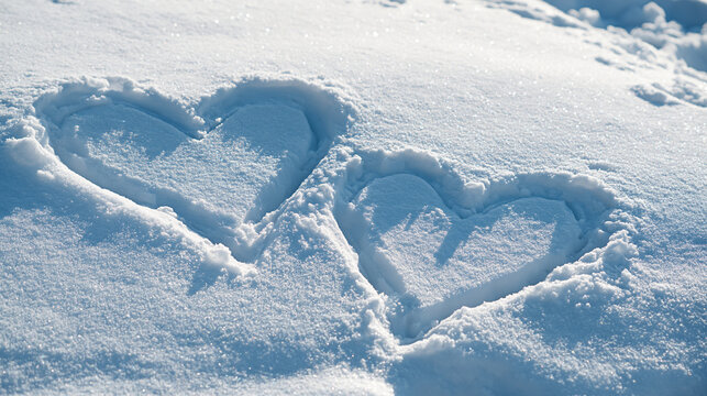 Two distinct heart shapes are pressed into glistening fresh snow under bright winter sunlight. This symbolizes love, romance, winter holidays, or cold season affections.