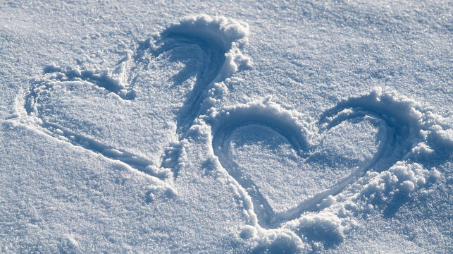 Two distinct heart shapes are beautifully drawn into fresh white snow under bright sunlight. This image is perfect for themes of winter love, romance, and Valentine's Day.