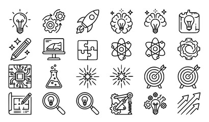 Fototapeta premium Innovation and Creative Thinking Icon Collection Featuring Light Bulbs Gears Rockets Science Atom Ideas Targets and Technology Symbols
