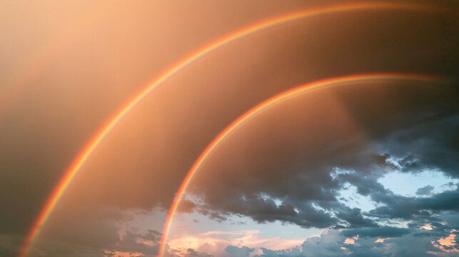 Vibrant double rainbow arching across a dramatic stormy sky at sunset. Ideal for hope or meteorological nature themes.