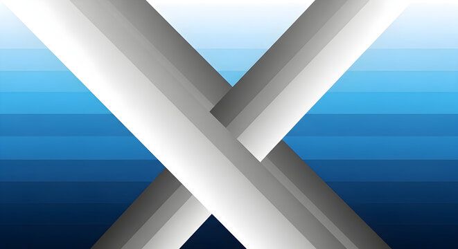 Abstract Metal X Shape Geometric Composition Over A Smooth Gradated Deep Blue Striped Horizontal Background Graphic Design Element