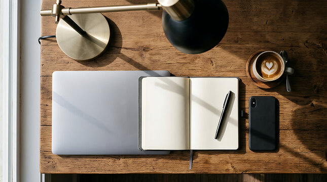 Open notebook and laptop on wooden desk setup 3.