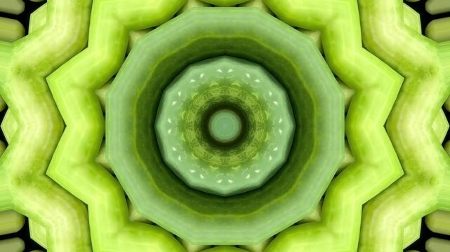 Hypnotizing kaleidoscope motion video featuring green cucumber fruit slices forming an intricate symmetrical geometric pattern background for digital design