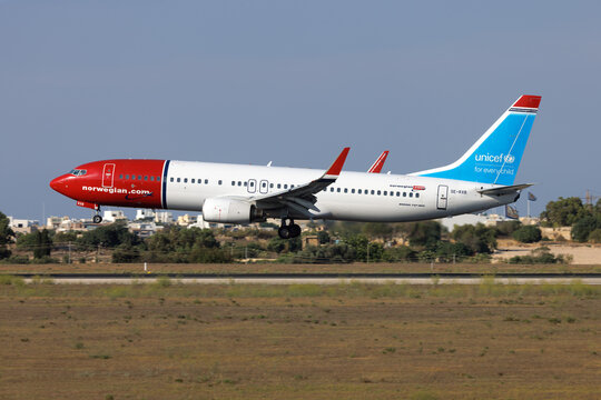 Luqa, Malta - August 15, 2026: Norwegian Air Sweden Boeing 737-84P (REG: SE-RXB) in the special  'Unicef - for every child' color scheme.