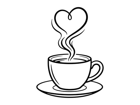 Line art illustration of a coffee cup with steam forming a heart shape, perfect for cafe logos, menu designs, and romantic coffeethemed graphics isolated on transparent background