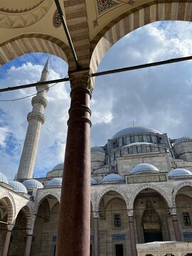 Suleymaniye Mosque Minaret Framed by Marble Arches, Istanbul, Turkey