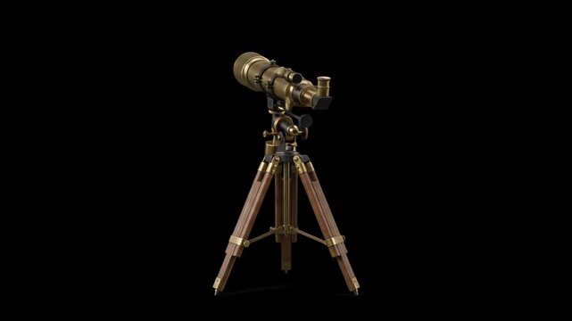 Detailed 3D antique brass telescope mounted on a wooden tripod isolated on a solid black background. Suitable for astronomy documentaries, vintage navigation themes, science discovery clips, space exp