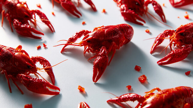 Spicy cooked crawfish arranged neatly on a light surface overhead perspective with crawfish