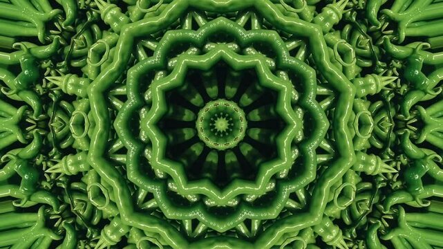 Green chili pepper kaleidoscope pattern motion background animation video loop for spicy culinary visual editing and dynamic artistic video productions