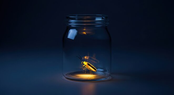 Firefly Glowing Inside Glass Jar at Night, Magical Light