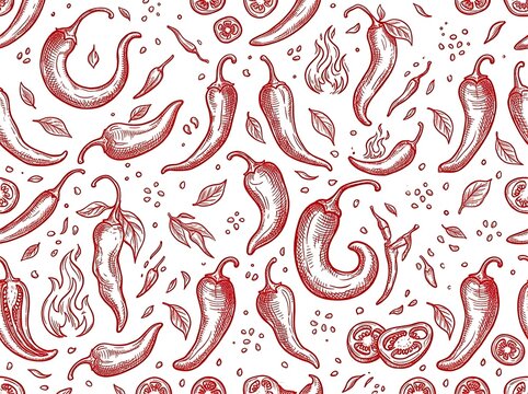 Seamless pattern with chili peppers, chili slices, leaves and fire flames hand drawn sketch style spicy food background, vector illustration isolated on white background