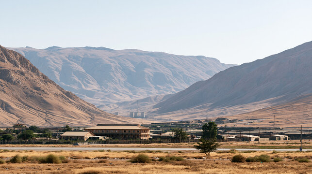 Desert military base serving as strategic outpost in harsh arid environment wide daylight infrastructure concept engineering remote outpost outdoor with copy space