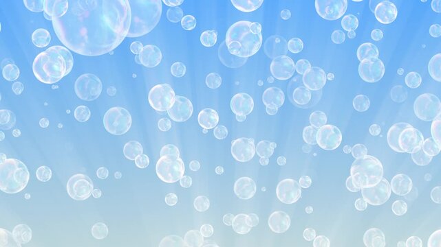 Translucent bubbles of varying sizes slowly rise through a soft blue gradient, evoking lightness and calm looped background for baby, spa and wellness content suited for cleaning and skincare product 