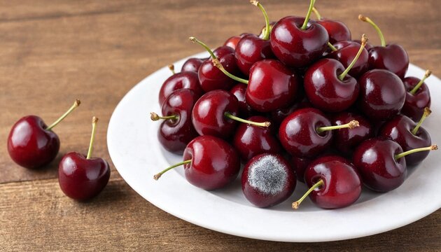Fresh red sweet cherries on a white plate with one moldy cherry on a rustic wooden table surface