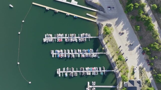 Aerial view of boats docked at the marina on Lucky Peak Lake in Ada County, Idaho, United States.