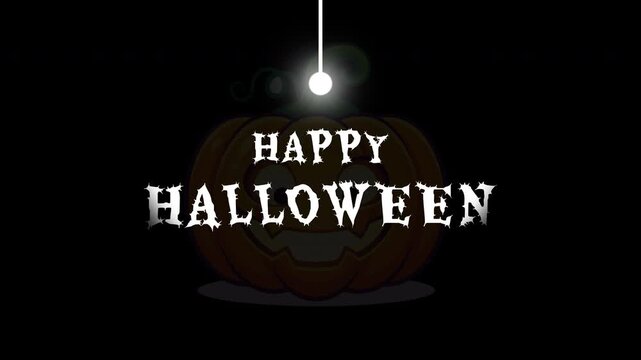 Spooky Happy Halloween animation featuring a swinging light bulb that casts light over a cartoon pumpkin and festive greeting text for holiday video projects