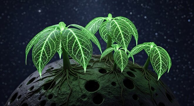 Glowing Green Plants Growing From Alien Planet Surface