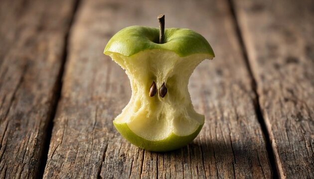 A single green apple core sitting on an old textured wooden table