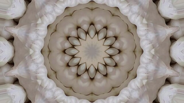 Intricate white garlic bulb kaleidoscope motion video forming symmetrical organic mandala star pattern background design for culinary motion graphics