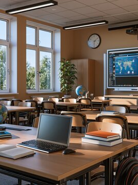 Empty modern classroom with desks, laptop, and interactive whiteboard ready for learning