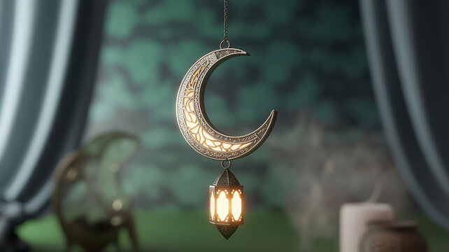 Ornate crescent moon decoration hanging with glowing lantern inside indoor room setting, crescent