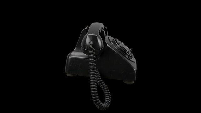 A dramatic 3D rendering of a vintage black rotary telephone with a coiled cord, isolated against a solid black backdrop. Great for vintage communication graphics, retro tech concepts, noir aesthetic v